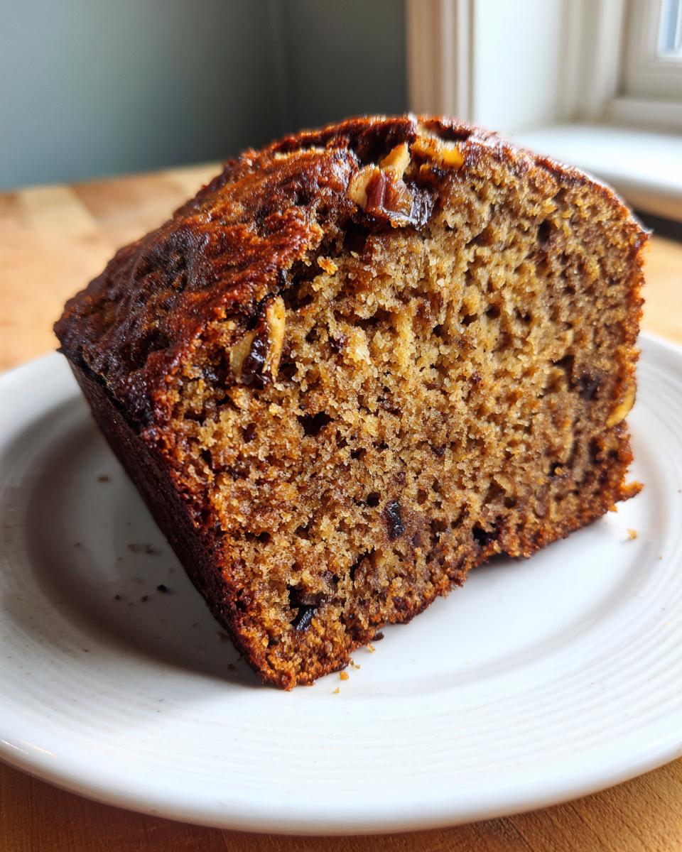Close-up of a dense, moist slice of sugar free banana bread with visible nuts on a white plate.