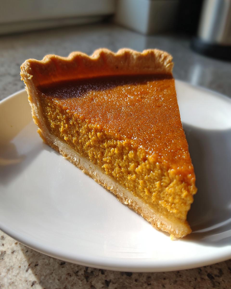 A close-up of a perfect slice of vegan pumpkin pie with a golden crust on a white plate.
