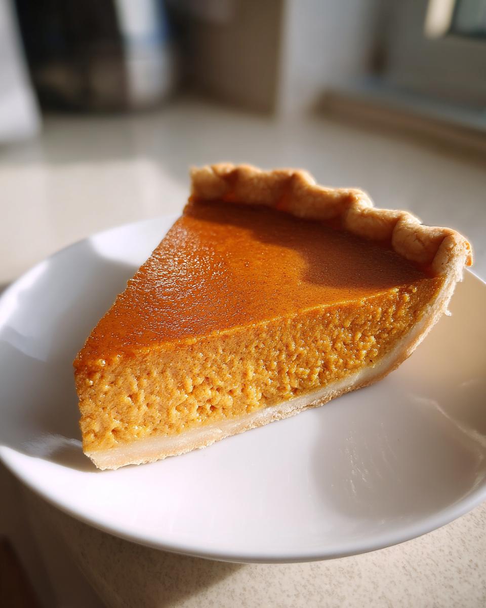 A close-up shot of a single slice of amazing vegan pumpkin pie with a thick, orange filling and flaky crust on a white plate.