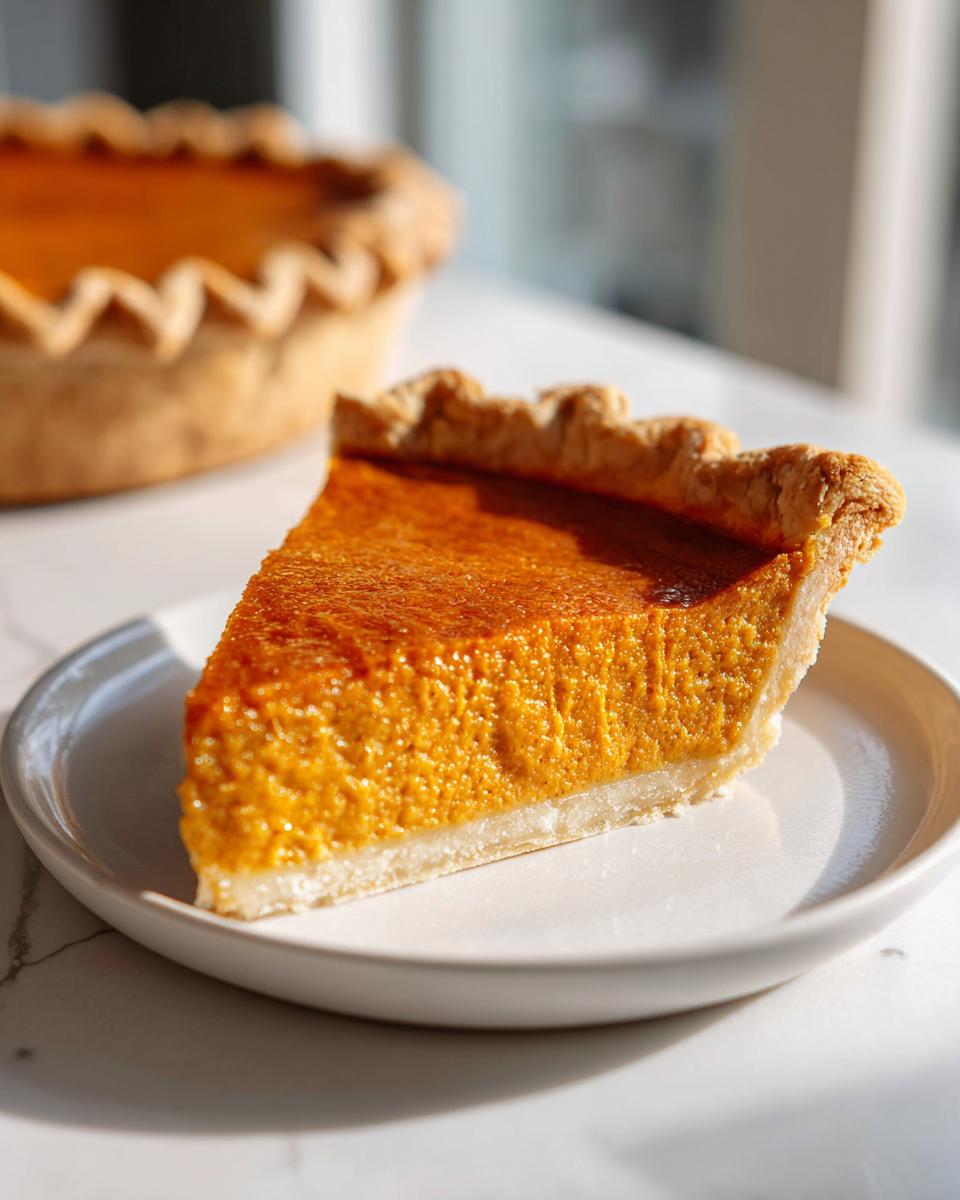 A close-up of a slice of amazing vegan pumpkin pie with a golden crust on a white plate.