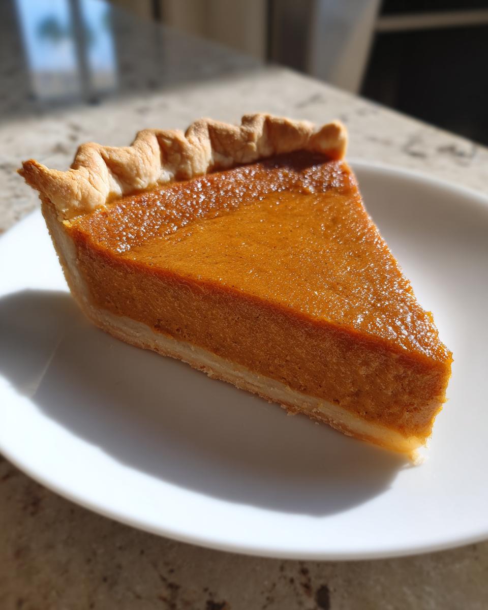 A perfect slice of amazing vegan pumpkin pie with a flaky crust, sitting on a white plate.