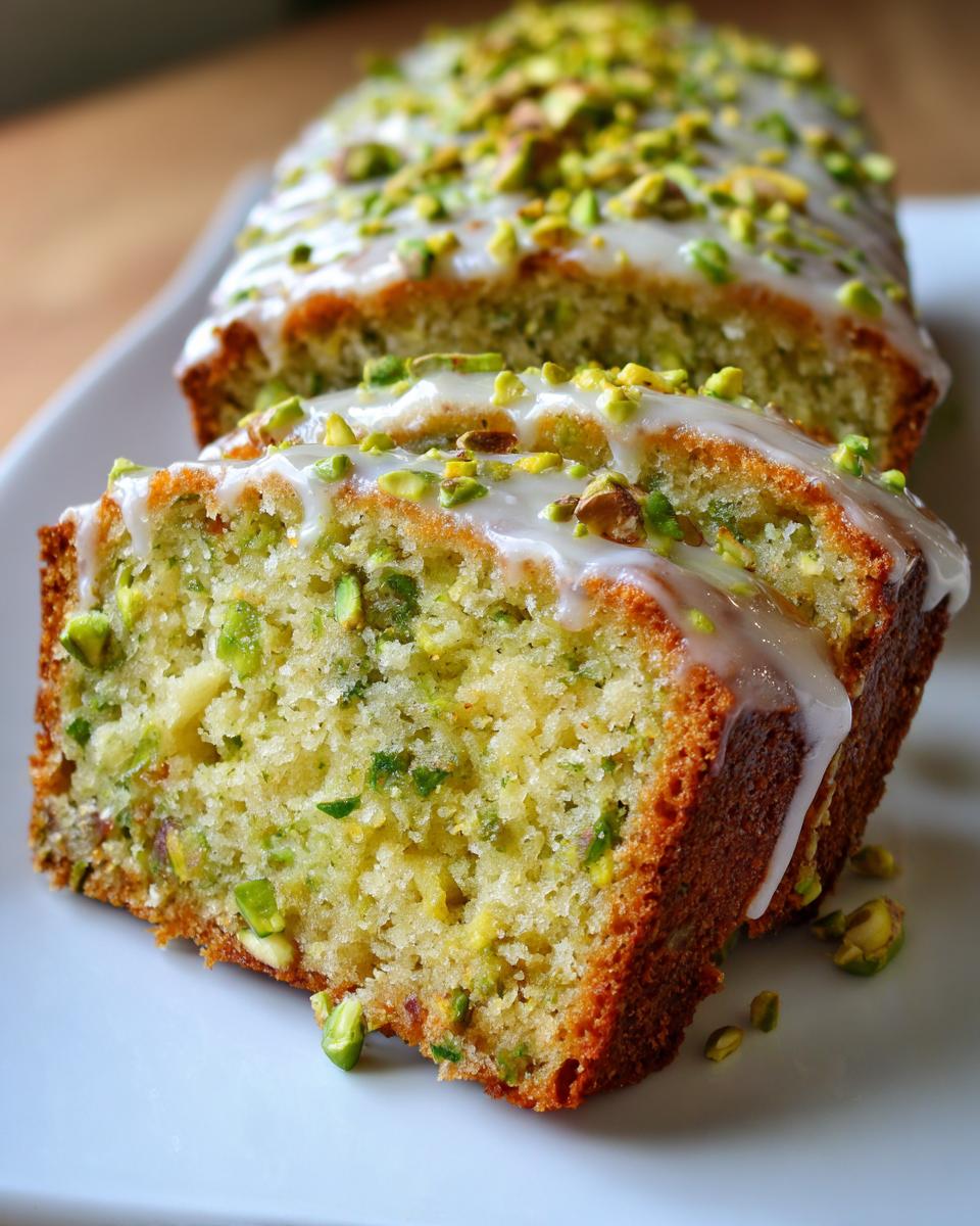 Close-up of sliced pistachio bread topped with white glaze and chopped pistachios.