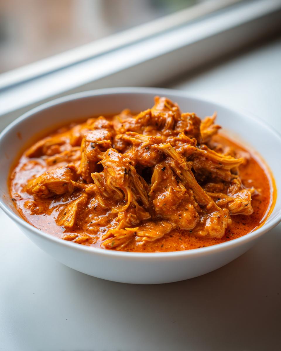 Close-up of shredded chicken coated in a rich, orange-red sauce, resembling slow cooker buffalo chicken chili, served in a white bowl.