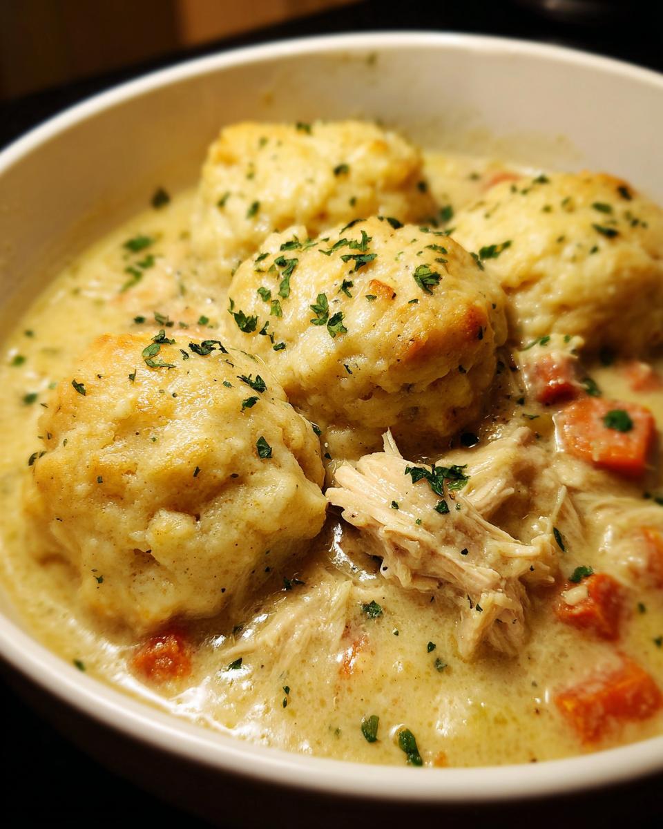 Close-up of creamy slow cooker chicken and dumplings topped with fresh parsley.
