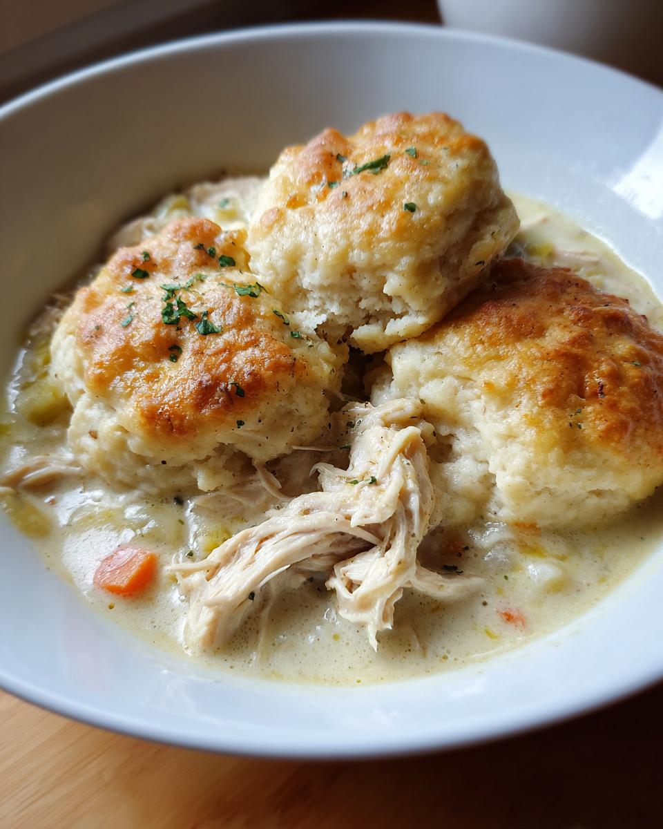 Close-up of a bowl of creamy slow cooker chicken and dumplings topped with golden biscuits.