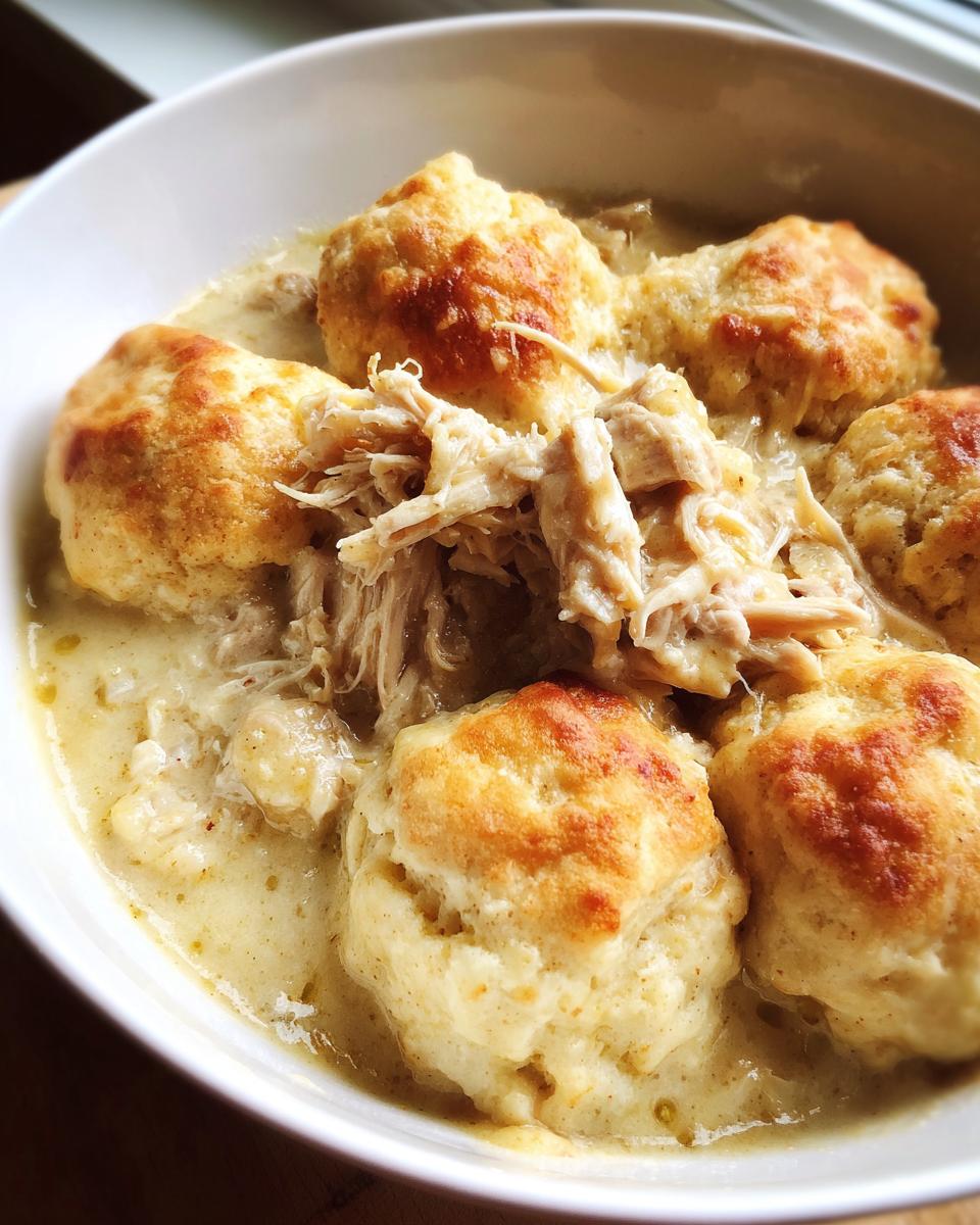 Close-up of a bowl of rich slow cooker chicken and dumplings with fluffy, golden-brown biscuits.