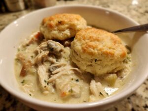Close-up of a bowl filled with creamy slow cooker chicken and dumplings topped with two golden biscuits.