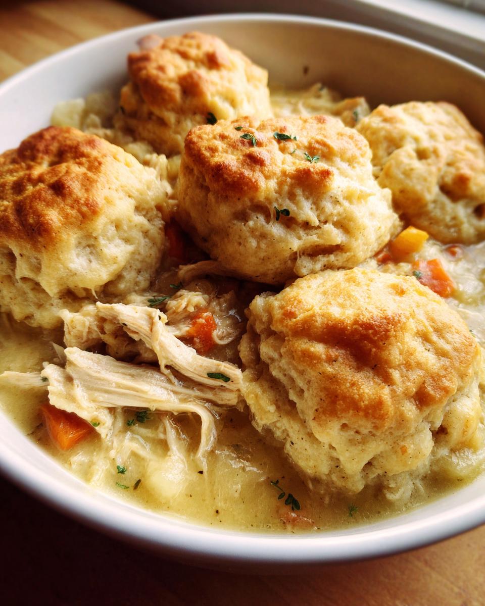 Close-up of a bowl filled with creamy slow cooker chicken and dumplings topped with golden biscuits.