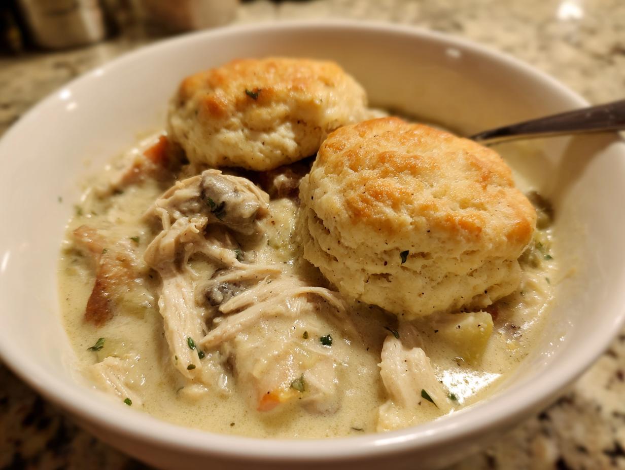 Close-up of a bowl filled with creamy slow cooker chicken and dumplings topped with two golden biscuits.