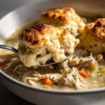 A spoonful of shredded chicken and gravy lifted from a bowl of slow cooker chicken and dumplings, topped with a golden biscuit.