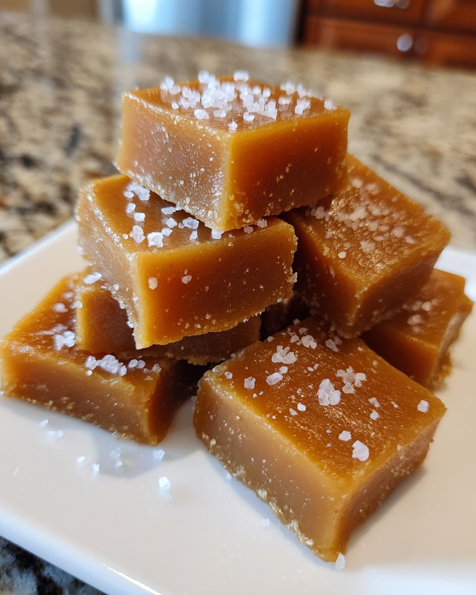 A stack of soft, chewy caramels topped with flaky sea salt, ready to eat.