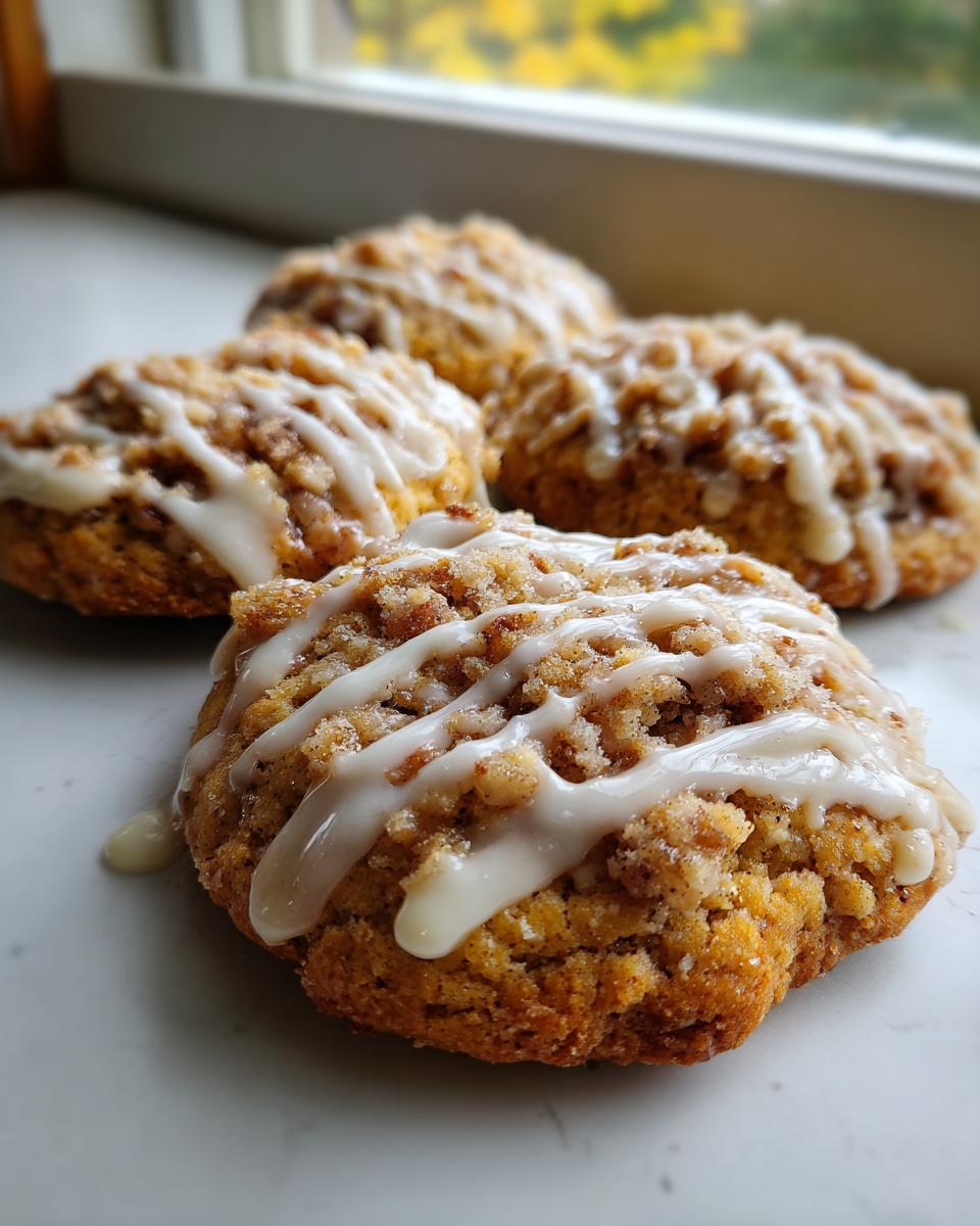 Close-up of four soft coffee cake cookies topped with streusel and drizzled with white vanilla icing.