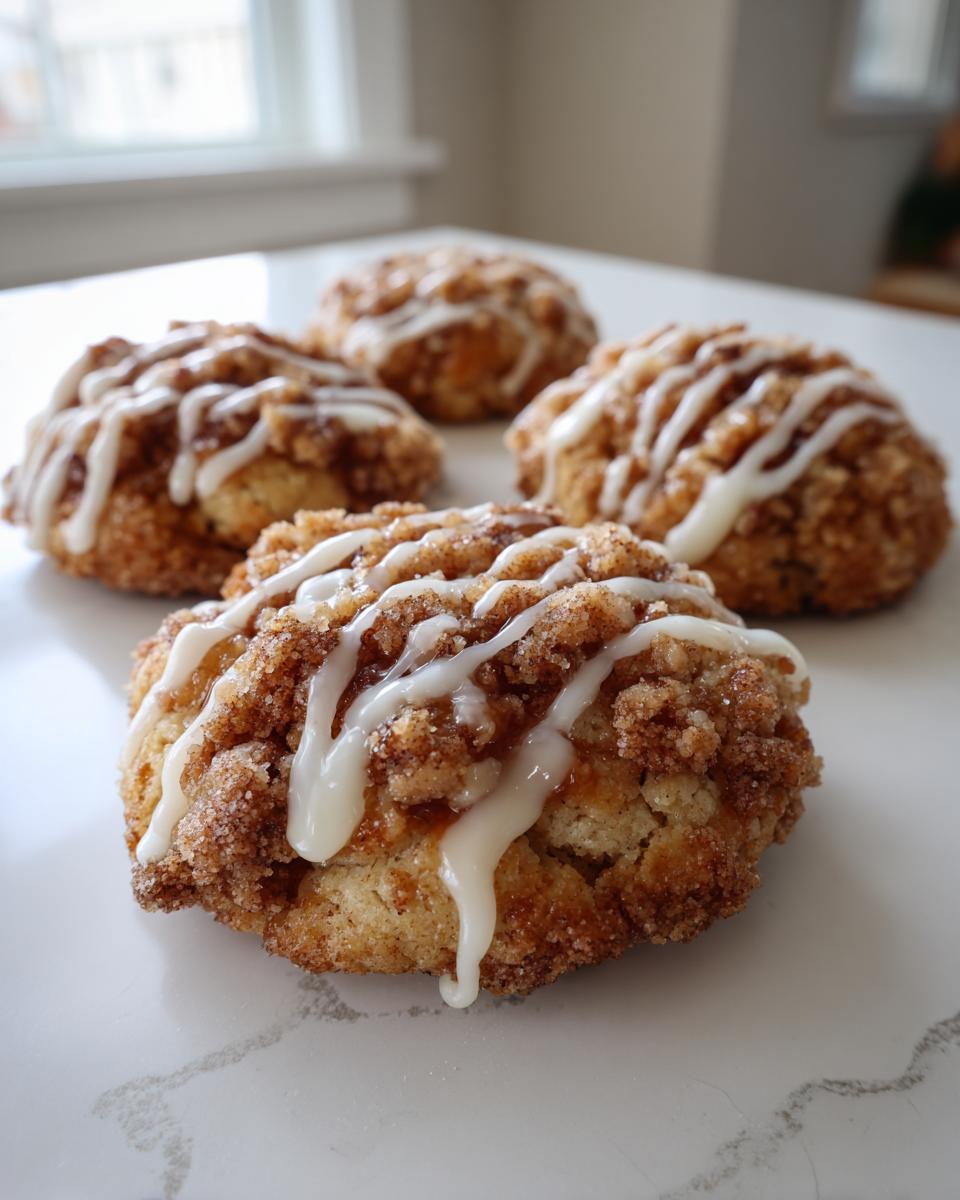 Four soft coffee cake cookies topped with cinnamon streusel and a white vanilla glaze drizzle.