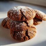A close-up stack of three rich brown soft gingerbread cookies, heavily dusted with white powdered sugar.