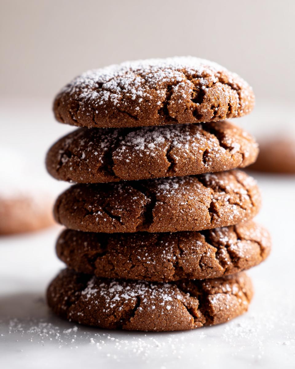 A vertical stack of four soft gingerbread cookies dusted generously with powdered sugar.