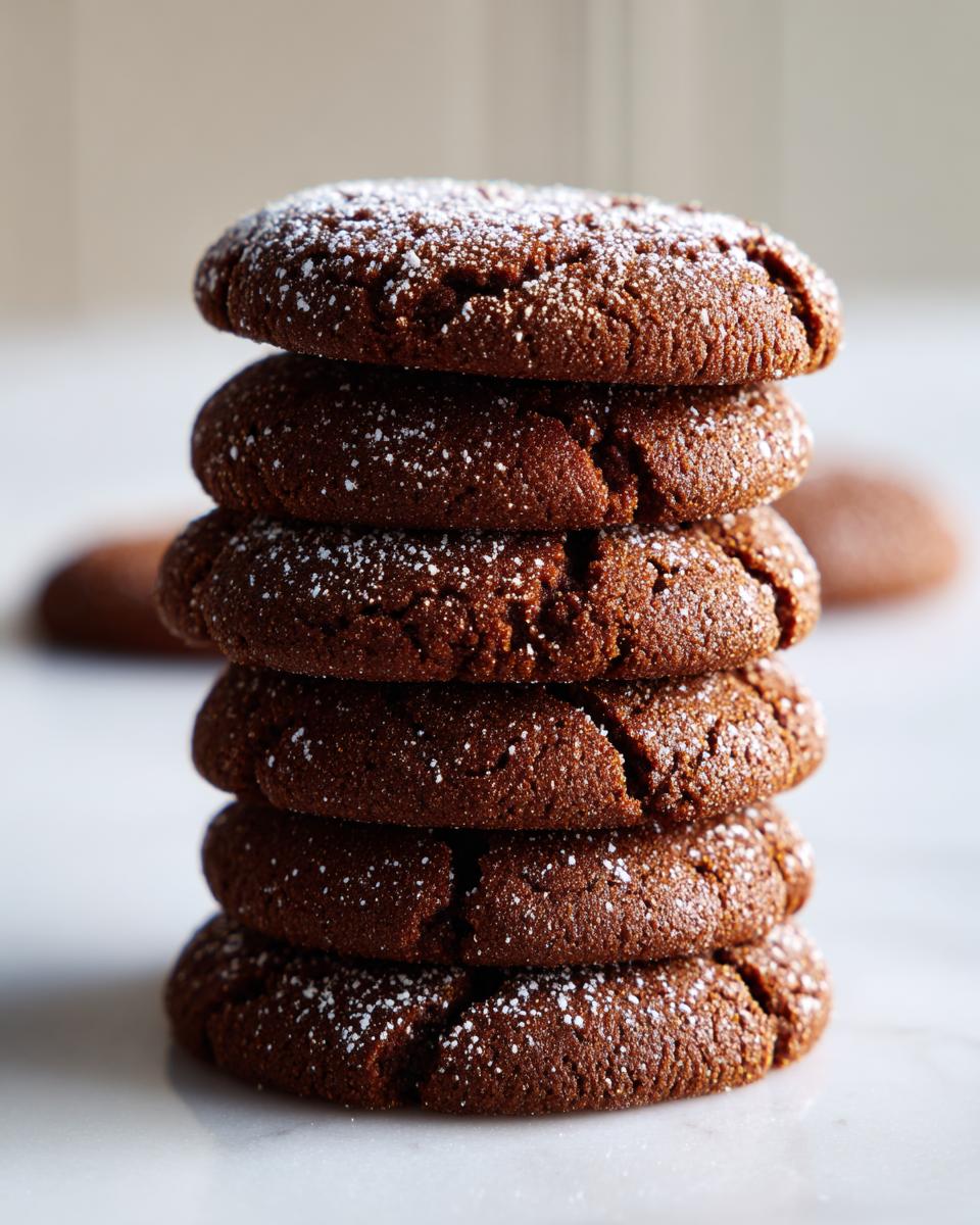 A tall stack of five dark brown soft gingerbread cookies dusted lightly with powdered sugar.