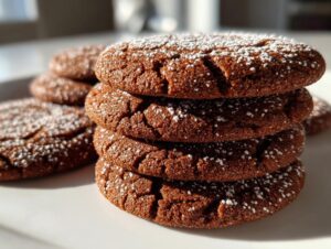A close-up stack of four dark brown, cracked soft gingerbread cookies dusted heavily with white powdered sugar.