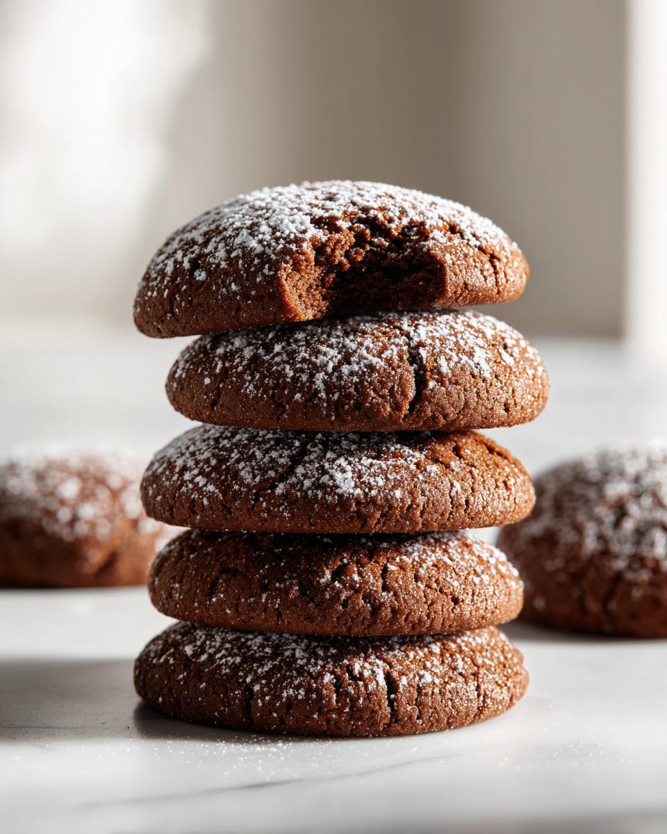 A vertical stack of four dark, soft gingerbread cookies dusted with powdered sugar, one cookie has a bite taken out.