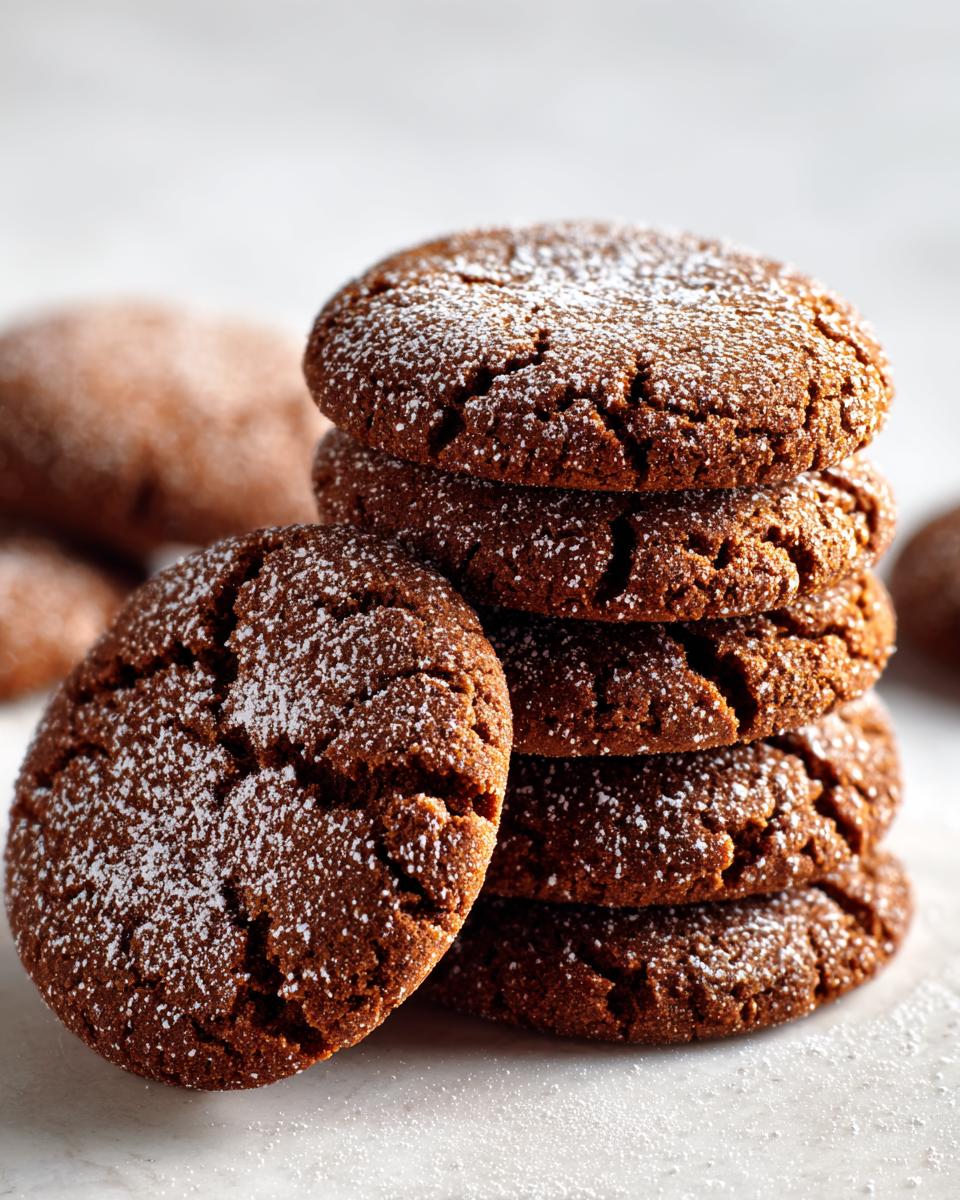 A close-up stack of five dark brown soft gingerbread cookies dusted generously with white powdered sugar.