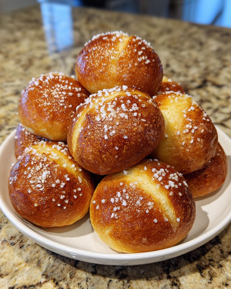 A pile of freshly baked, golden brown soft pretzel bites topped with coarse salt.
