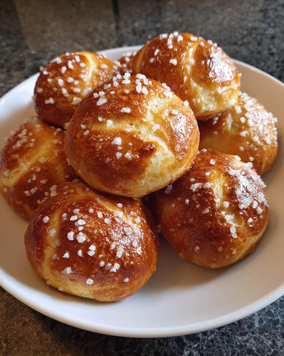 Close-up of several golden brown, glossy soft pretzel bites sprinkled generously with coarse salt.