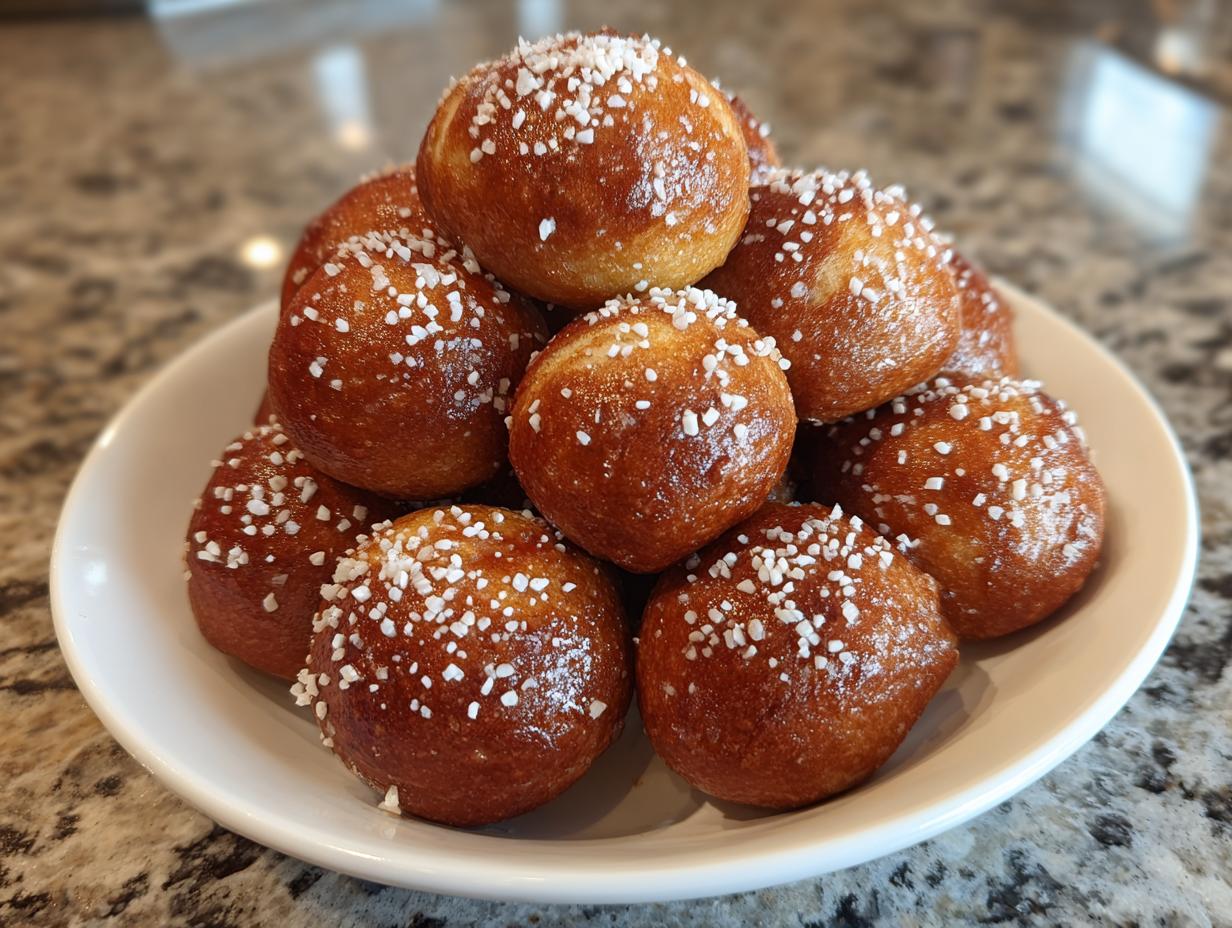 A mound of freshly baked, golden brown soft pretzel bites topped with coarse white salt, served on a white plate.