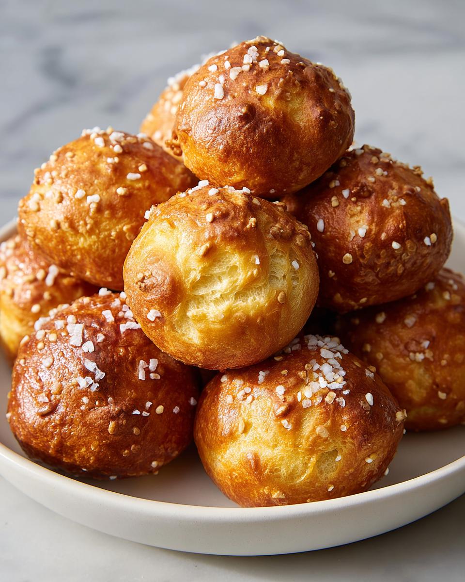 A close-up stack of golden brown, soft pretzel bites topped with coarse salt.