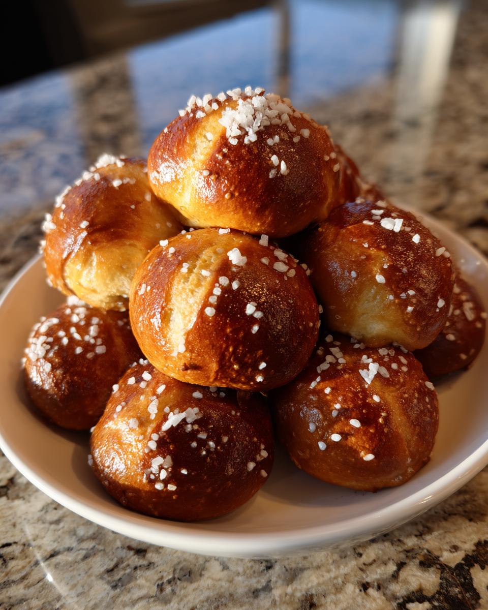 A close-up stack of golden-brown, glossy soft pretzel bites topped with coarse salt.