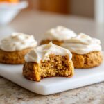 Close-up of a soft pumpkin cookie with a bite taken out, topped with thick cream cheese frosting.