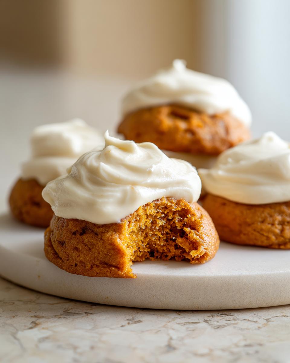 Close-up of a soft pumpkin cookie with thick cream cheese frosting, showing a bite taken out.