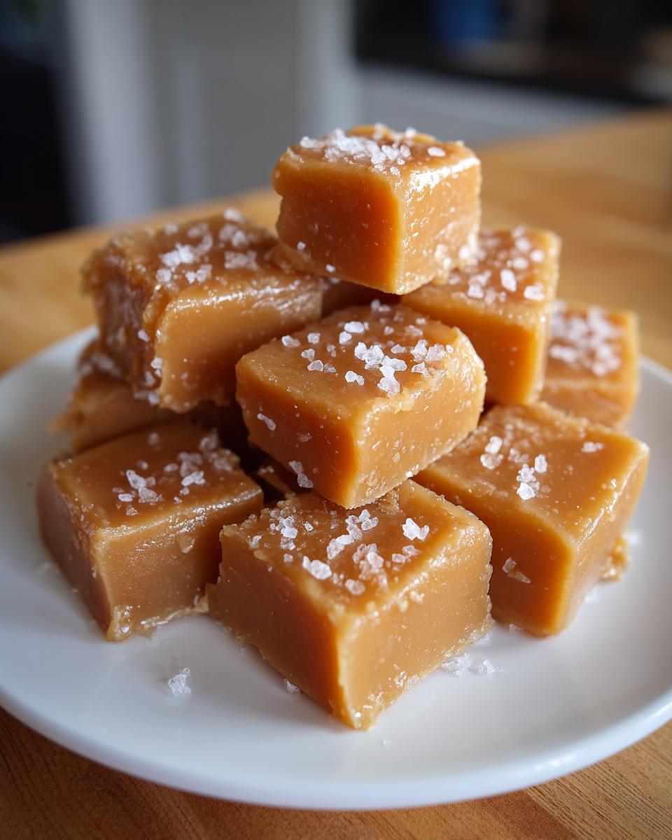 A stack of soft, square, homemade caramels sprinkled with flaky sea salt, ready to eat.