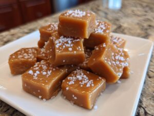 A stack of soft, square salted caramels sprinkled with flaky sea salt on a white dish.