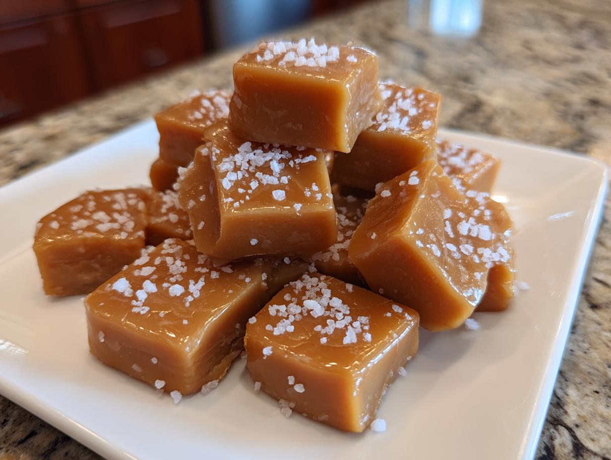 A stack of soft, square salted caramels sprinkled with flaky sea salt on a white dish.