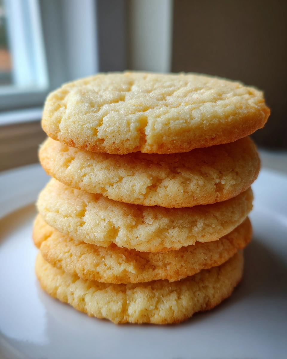 A vertical stack of four perfectly baked, soft sugar cookie rounds resting on a white plate.