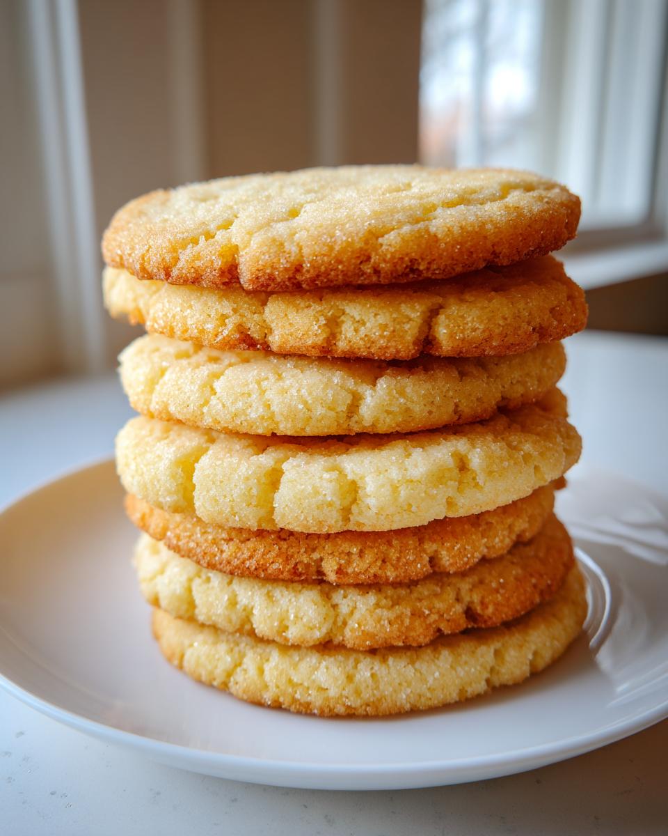 A vertical stack of six golden brown, soft sugar cookie rounds sprinkled with coarse sugar.