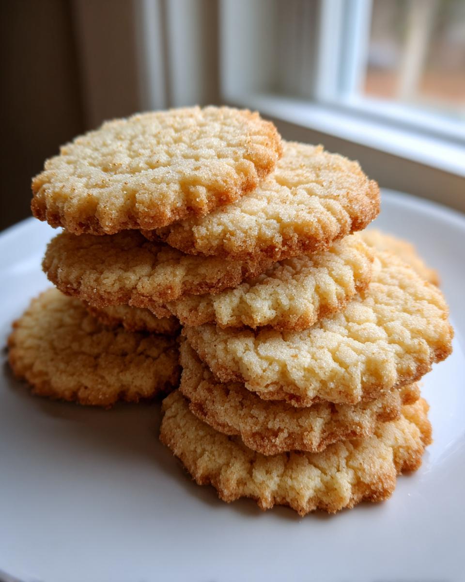 A stack of freshly baked, golden brown soft sugar cookie rounds with textured tops resting on a white plate.