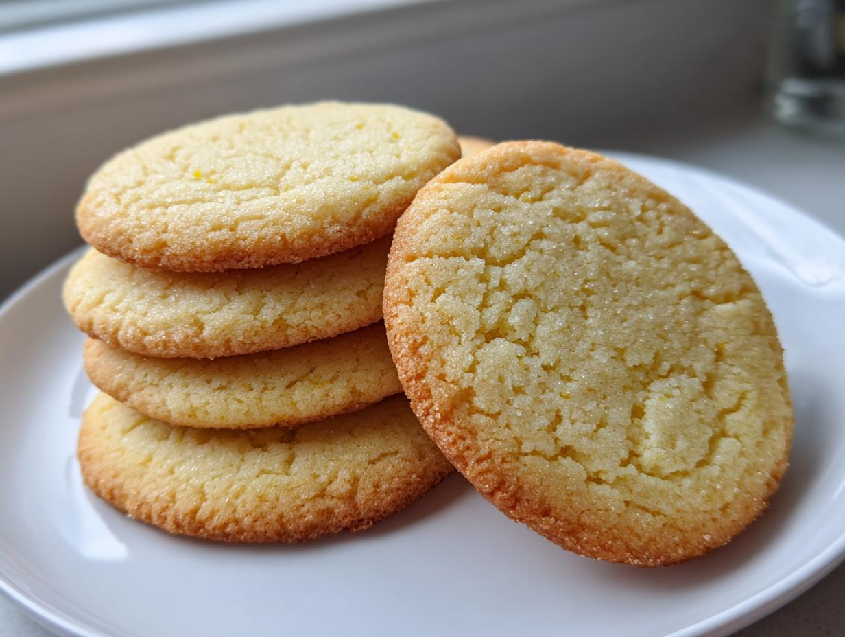 A close-up of a stack of five soft sugar cookie rounds dusted with granulated sugar on a white plate.