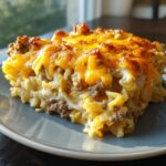 A hearty slice of sour cream beef noodle casserole topped with melted, browned cheddar cheese.
