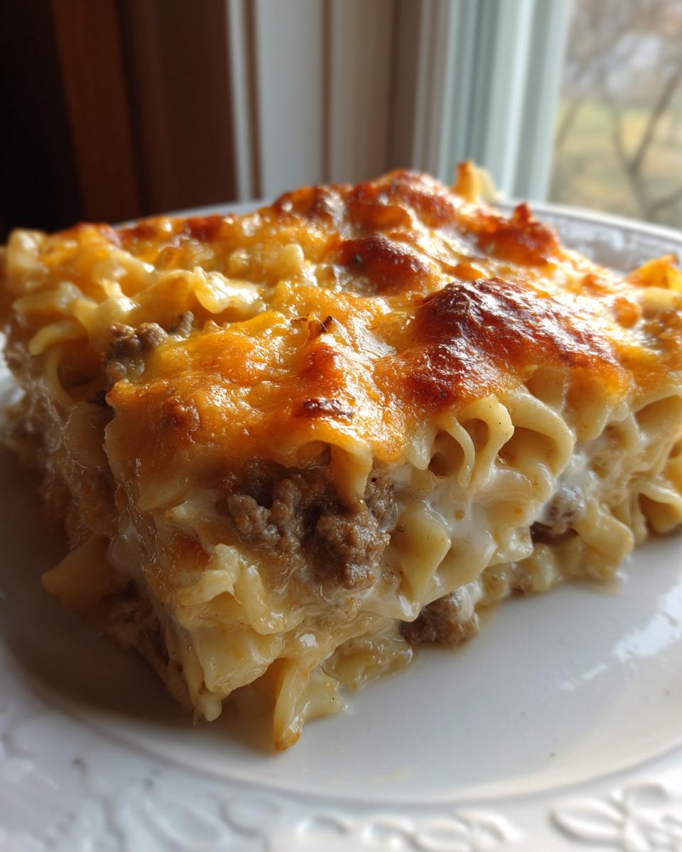 A hearty serving of sour cream beef noodle casserole with egg noodles, ground beef, and a browned cheese topping.