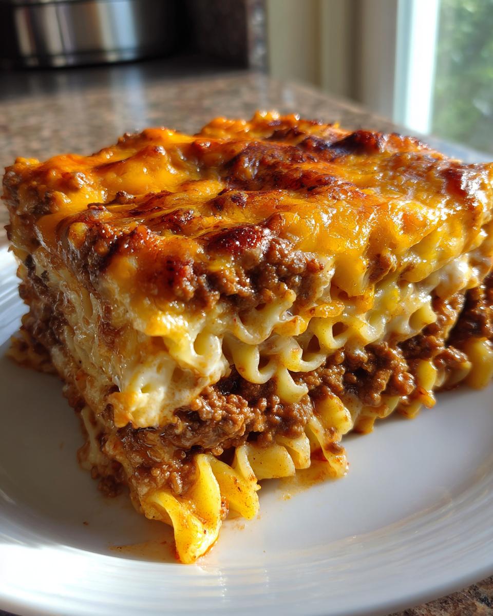 Close-up of a thick slice of sour cream beef noodle casserole layered with ground meat sauce and melted, browned cheese.