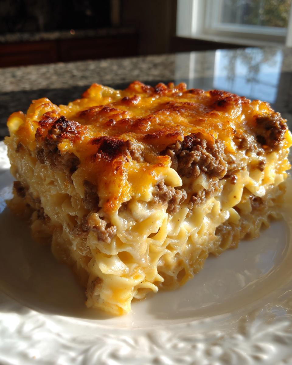A close-up serving of sour cream beef noodle casserole with browned cheese topping.