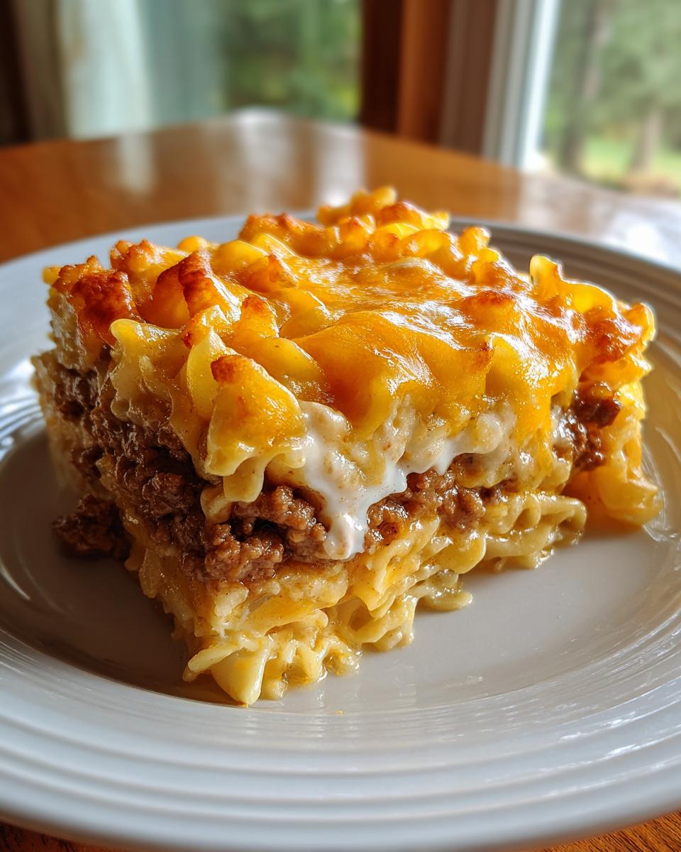 A close-up slice of sour cream beef noodle casserole featuring layers of pasta, seasoned ground beef, and melted cheddar cheese.