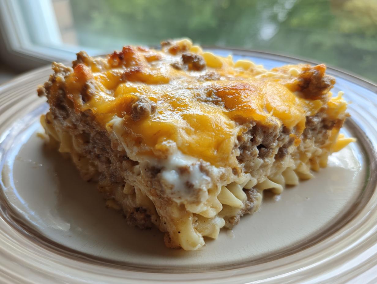 A close-up slice of baked sour cream beef noodle casserole topped with melted cheddar cheese.