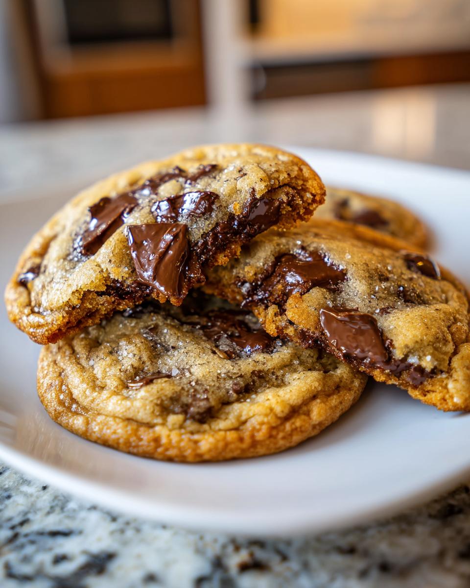 Close-up of gooey sourdough chocolate chip cookies, one broken in half revealing melted chocolate chips.