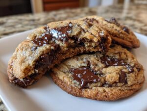 Close-up of gooey sourdough chocolate chip cookies, one broken in half to show melted chocolate and sea salt.