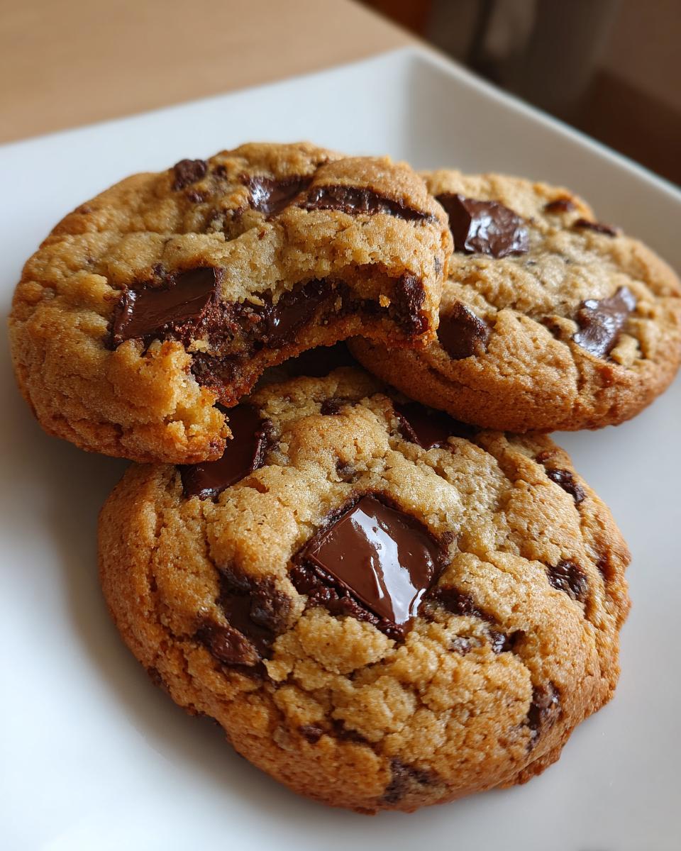 Close-up of three freshly baked sourdough chocolate chip cookies with gooey, melted chocolate chunks.