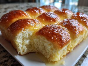 Close-up of pull-apart sourdough discard rolls with a shiny, golden honey glaze.