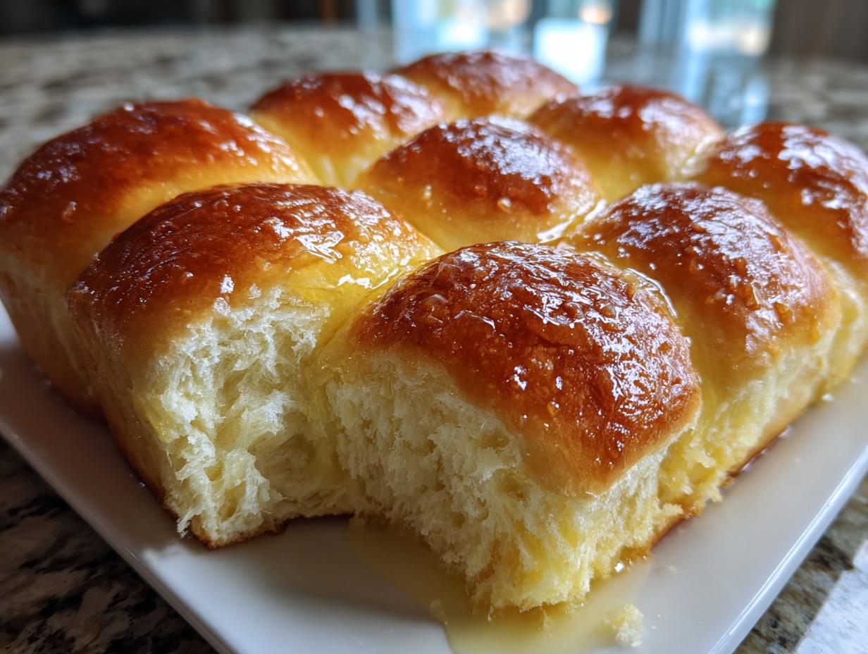 Close-up of pull-apart sourdough discard rolls with a shiny, golden honey glaze.
