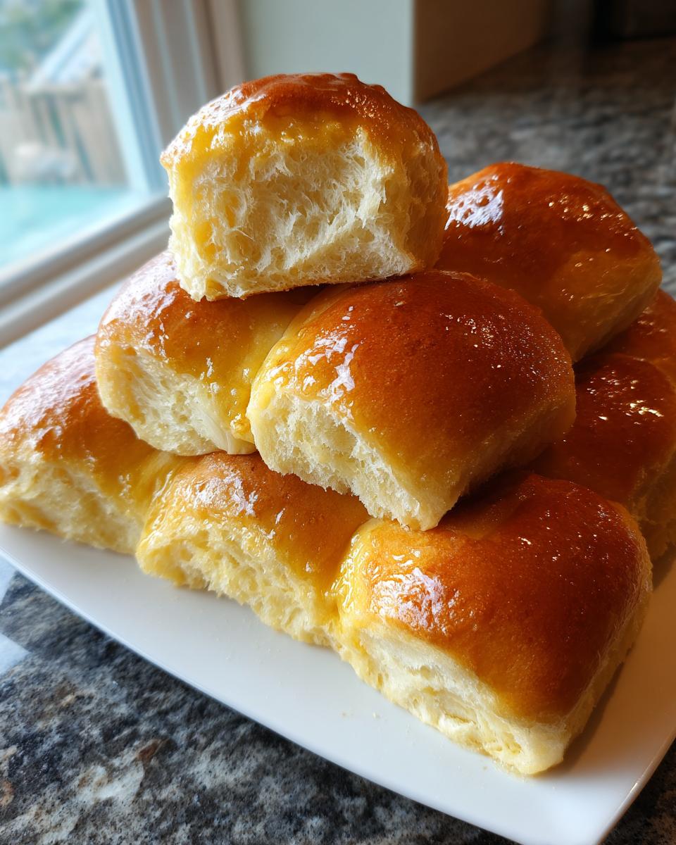 A stack of golden brown, shiny sourdough discard rolls with a soft, fluffy interior visible on top.