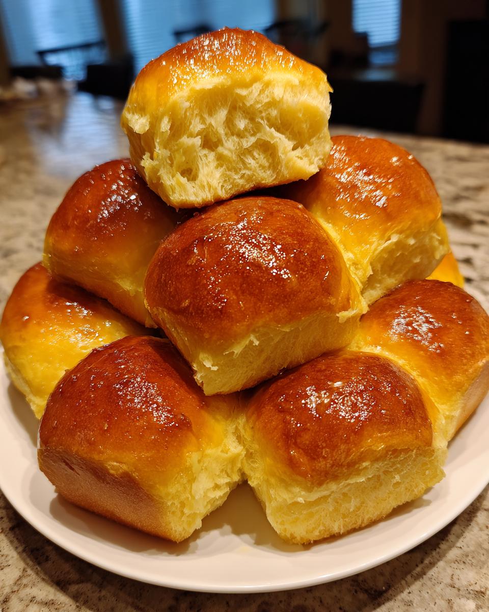 A stack of golden brown, glossy sourdough discard rolls piled high on a white plate.